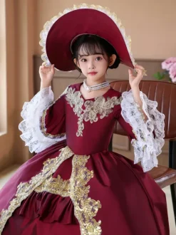Robe de soirée à volants rétro bordeaux pour costumes de bal victoriens rococo Bourgogne