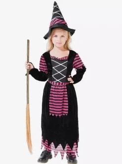 Robe de sorcière violette à rayures pour filles déguisement d'Halloween avec chapeau assorti tenue de cosplay d'Halloween pour enfants