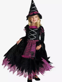 Robe de sorcière violette à rayures pour filles déguisement d'Halloween avec chapeau assorti tenue de cosplay d'Halloween pour enfants
