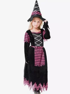 Robe de sorcière violette à rayures pour filles déguisement d'Halloween avec chapeau assorti tenue de cosplay d'Halloween pour enfants