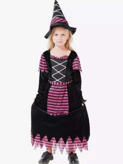 Robe de sorcière violette à rayures pour filles déguisement d'Halloween avec chapeau assorti tenue de cosplay d'Halloween pour enfants