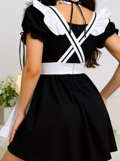 Robe de soubrette noire classique à volants avec ras-de-cou.