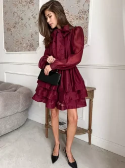 Robe de tous les jours pour femme mini robe bordeaux plissée à manches longues col montant et taille cache-c艙ur.