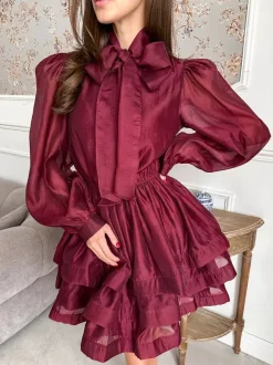 Robe de tous les jours pour femme mini robe bordeaux plissée à manches longues col montant et taille cache-c艙ur.