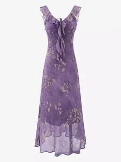 Robe de tous les jours pour femme à fleurs violettes sans manches col en V et taille haute.