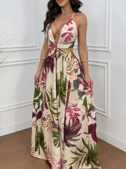 Robe de vacances maxi bleu cyan bohème sexy à découpes et sans manches col en V