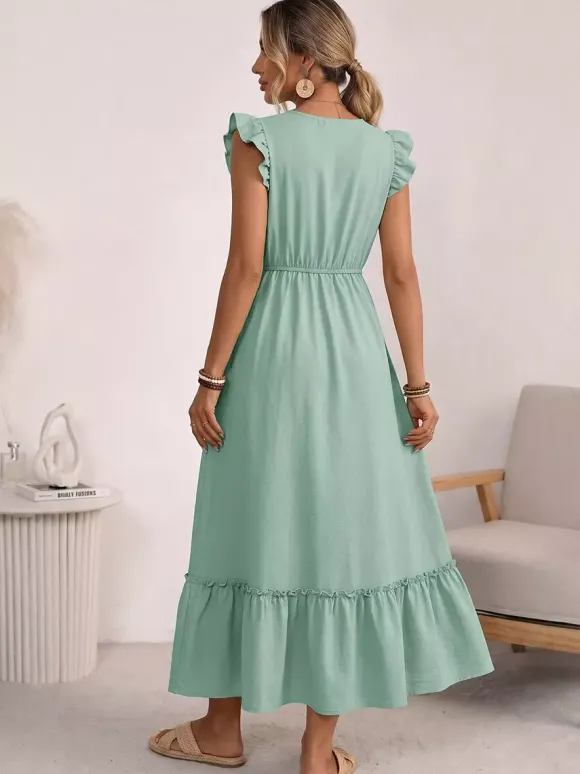 Robe de vacances maxi à col rond sans manches broderie verte style bohème laçage