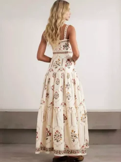 Robe de vacances maxi dos nu brodée sans manches à imprimé floral épaules dénudées style rétro