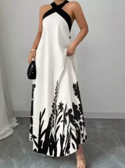 Robe de vacances maxi dos nu à lacets sans manches imprimé floral col halter élégante blanche