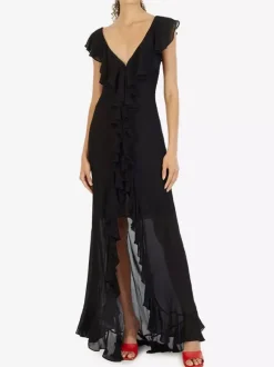 Robe de vacances maxi dos nu à volants plissée manches courtes imprimé floral col V manches pétales robe orange chic