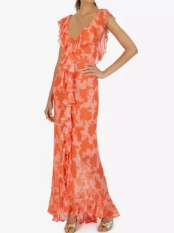 Robe de vacances maxi dos nu à volants plissée manches courtes imprimé floral col V manches pétales robe orange chic