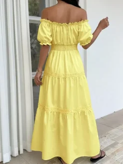 Robe de vacances maxi dos nu à volants et lacets manches courtes épaules dénudées manches bouffantes robe sexy