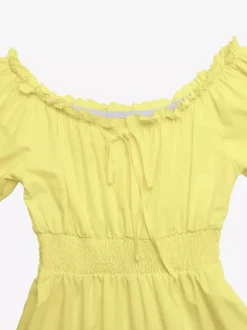 Robe de vacances maxi dos nu à volants et lacets manches courtes épaules dénudées manches bouffantes robe sexy