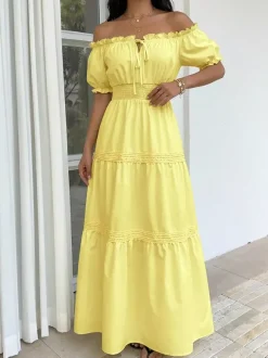 Robe de vacances maxi dos nu à volants et lacets manches courtes épaules dénudées manches bouffantes robe sexy