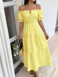 Robe de vacances maxi dos nu à volants et lacets manches courtes épaules dénudées manches bouffantes robe sexy