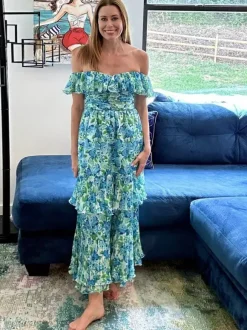 Robe de vacances maxi dos nu à volants plissée à imprimé floral épaules dénudées