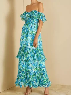 Robe de vacances maxi dos nu à volants plissée à imprimé floral épaules dénudées