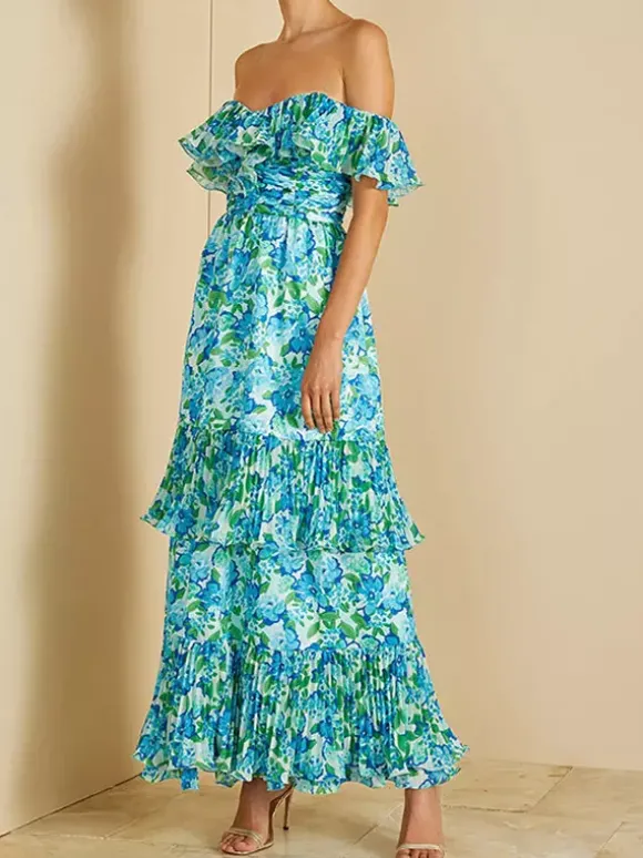 Robe de vacances maxi dos nu à volants plissée à imprimé floral épaules dénudées