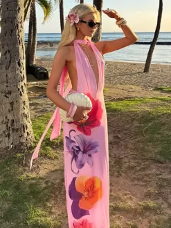 Robe de vacances maxi à lacets sans manches imprimée col en V rose chic coupe trapèze