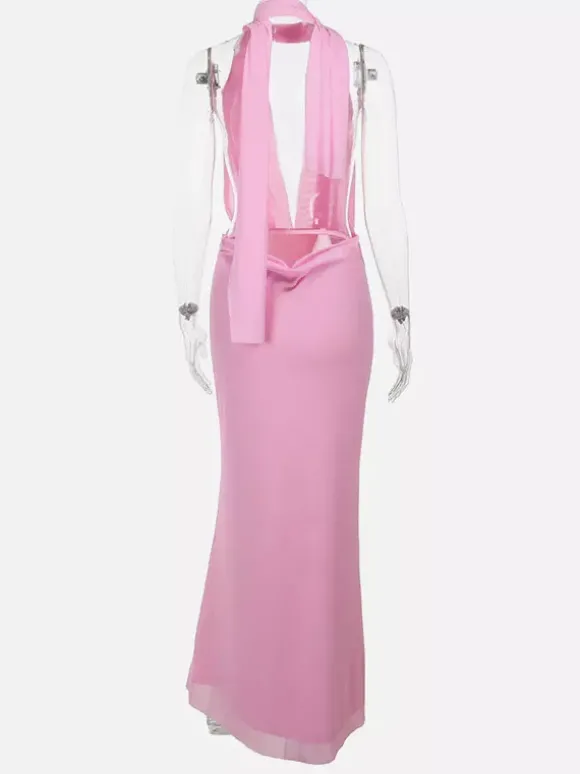 Robe de vacances maxi à lacets sans manches imprimée col en V rose chic coupe trapèze