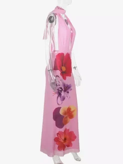 Robe de vacances maxi à lacets sans manches imprimée col en V rose chic coupe trapèze