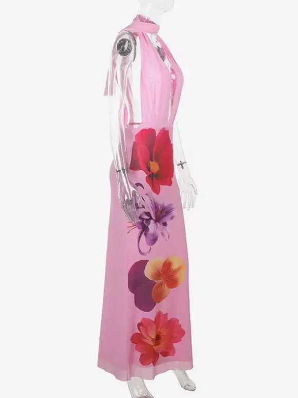 Robe de vacances maxi à lacets sans manches imprimée col en V rose chic coupe trapèze