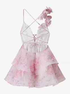 Robe de vacances mini dos nu à fleurs lacée sans manches imprimé floral col en V rose décontracté