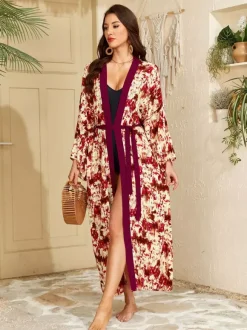 Robe de vacances oversize à manches longues imprimée rose décontractée