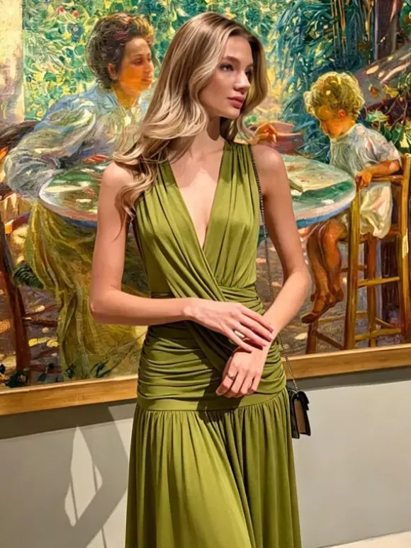 Robe de vacances plissée sans manches à décolleté plongeant portefeuille froncée plissée fluide