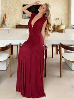 Robe de vacances plissée sans manches à décolleté plongeant portefeuille froncée plissée fluide