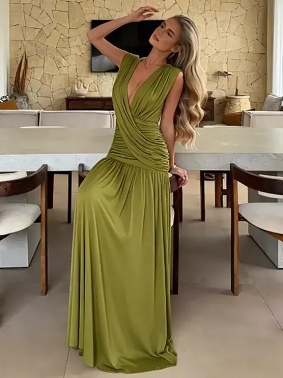Robe de vacances plissée sans manches à décolleté plongeant portefeuille froncée plissée fluide