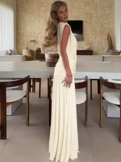Robe de vacances plissée sans manches à décolleté plongeant portefeuille froncée plissée fluide