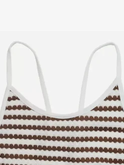 Robe de vacances rayée café dos nu col halter dos nu mi-long maille côtelée à nouer coupe ajustée
