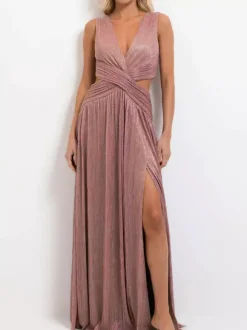 Robe de vacances sans manches décolleté plongeant en V croisé taille haute fendue plissée et brillante