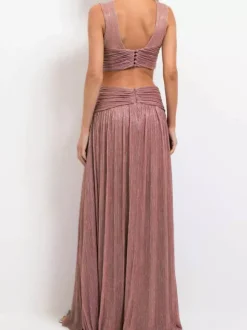 Robe de vacances sans manches décolleté plongeant en V croisé taille haute fendue plissée et brillante