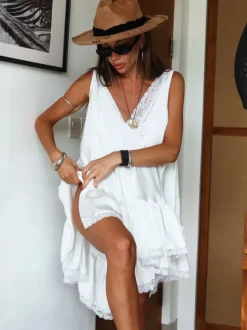 Robe d'été blanche chic et élégante pour femme mini sans manches dos nu et col en V style Daily Dresses