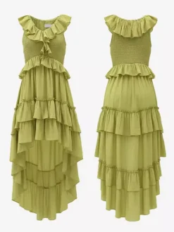Robe d'été bohème à volants asymétrique pour femme - Robe midi fluide à volants col en V smocké sans manches - Idéale pour les vacances d'été à la plage 2026