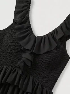 Robe d'été bohème à volants asymétrique pour femme - Robe midi fluide à volants col en V smocké sans manches - Idéale pour les vacances d'été à la plage 2026