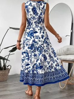 Robe d'été chic bleu marine mi-longue sans manches et bustier à col V