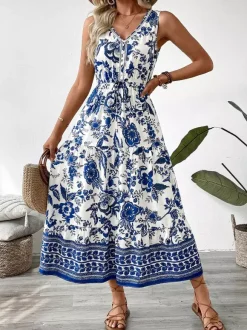 Robe d'été chic bleu marine mi-longue sans manches et bustier à col V