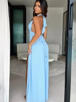 Robe d'été à col en V et fente haute longue robe de plage aquatique bleu ciel clair