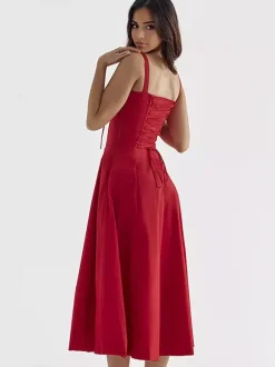 Robe D'Été Fendue Unicolore À Bretelles Col Chic À Lacets Robe Mi-Longue Simple