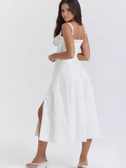 Robe D'Été Fendue Unicolore À Bretelles Col Chic À Lacets Robe Mi-Longue Simple