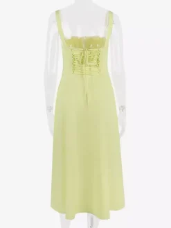 Robe D'Été Fendue Unicolore À Bretelles Col Chic À Lacets Robe Mi-Longue Simple