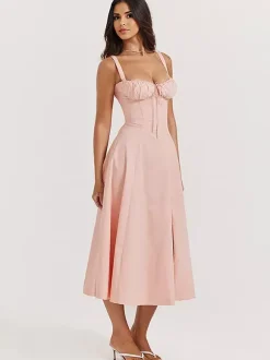 Robe D'Été Fendue Unicolore À Bretelles Col Chic À Lacets Robe Mi-Longue Simple