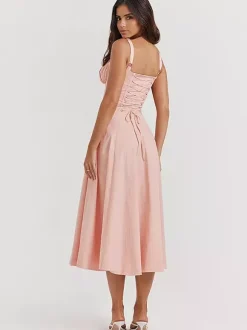 Robe D'Été Fendue Unicolore À Bretelles Col Chic À Lacets Robe Mi-Longue Simple