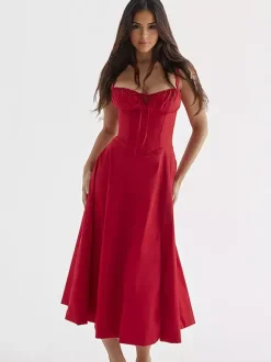 Robe D'Été Fendue Unicolore À Bretelles Col Chic À Lacets Robe Mi-Longue Simple