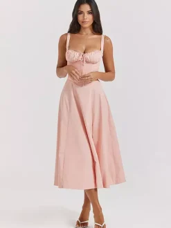 Robe D'Été Fendue Unicolore À Bretelles Col Chic À Lacets Robe Mi-Longue Simple