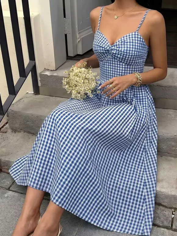 Robe d'été midi à bretelles spaghetti bleu et blanc débardeur à bretelles torsadées dos élastique fluide