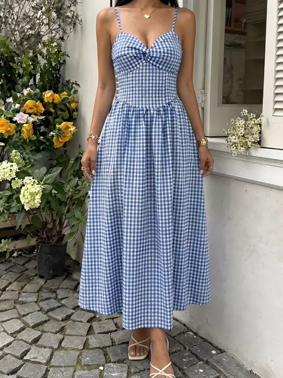 Robe d'été midi à bretelles spaghetti bleu et blanc débardeur à bretelles torsadées dos élastique fluide